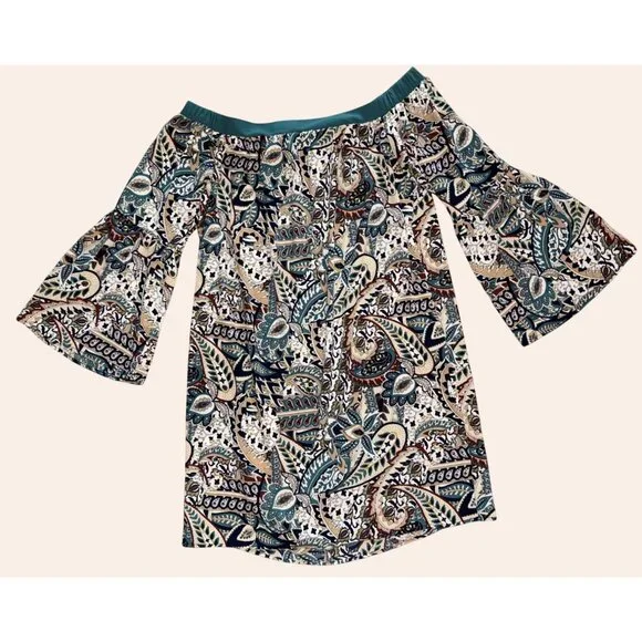 NWOT New Glam American Made Off-Shoulder Boho Print Dress Bell Sleeves Size S - Picture 4 of 9
